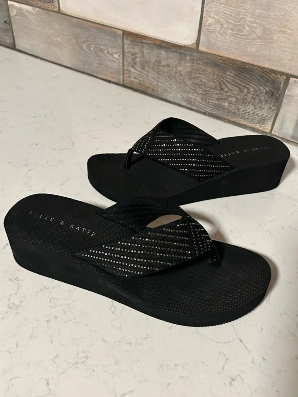 Kelly & Katie Black Wedge Flip Flop Thong Platform Sandal with Rhinestone Accent - Picture 7 of 16